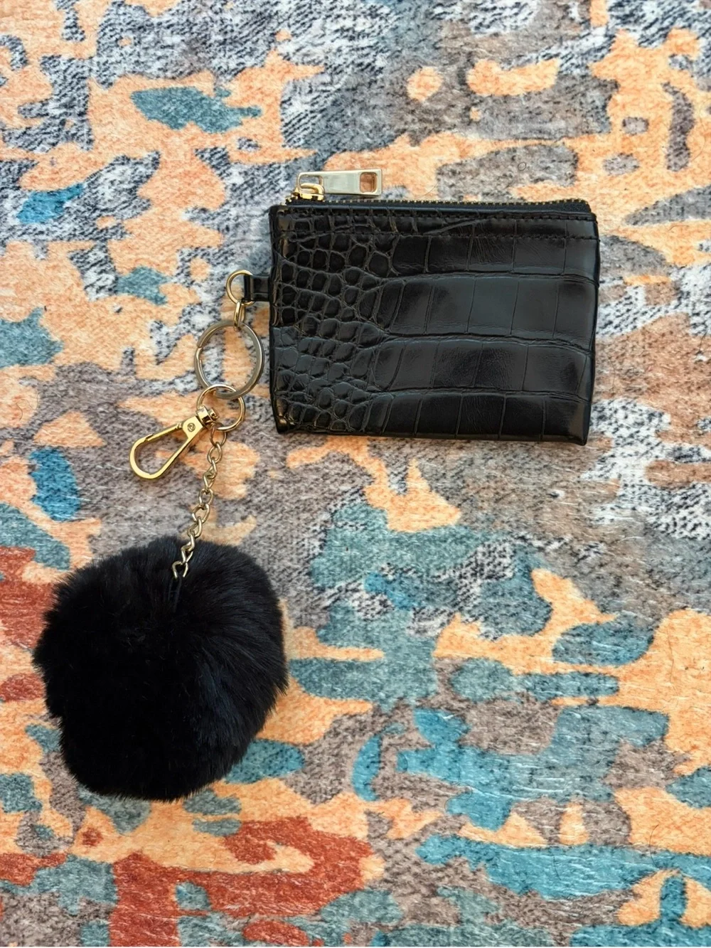 Black Croc-Embossed Zip Card Holder Keychain with Black Pom Pom